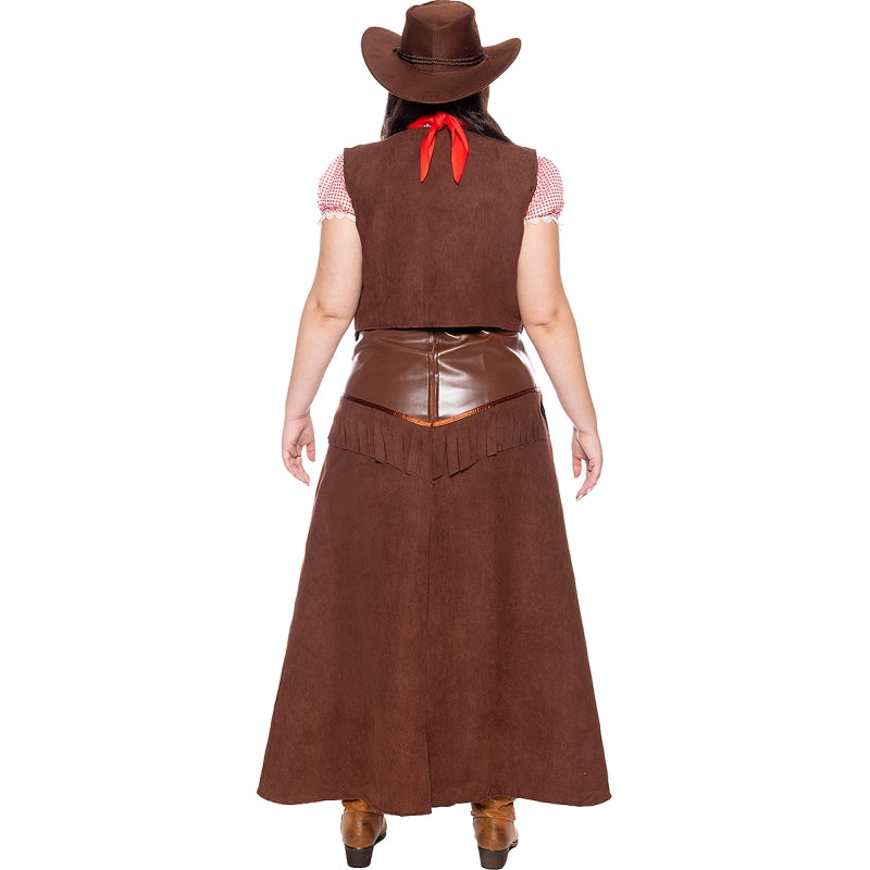 Disfraz de Vaquera Marrón Deluxe para mujer Espalda Talla Grande