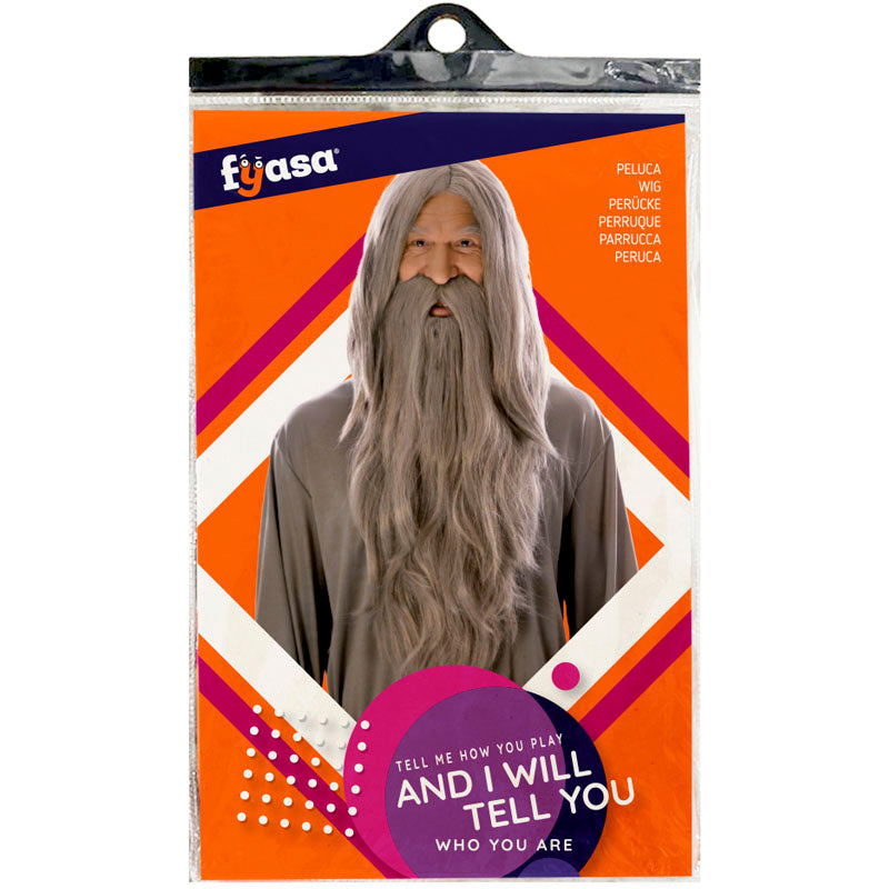 Peluca Mago gris con barba larga Packaging