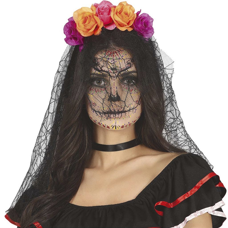 Bandeau Halloween Jour Des Morts Avec Voile Et Roses - Taille Unique, Avec Maillage Et Tatouages Faciaux - 9
