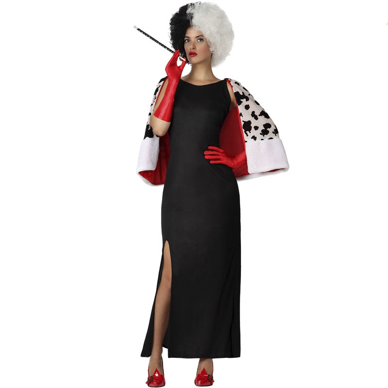Costume Cruella Femme Complet - Cape, Perruque Noire Et Blanche, Accessoires (gants, Collier, Masque) - Pour Halloween, Cosplay, Soirées Déguisées - 7