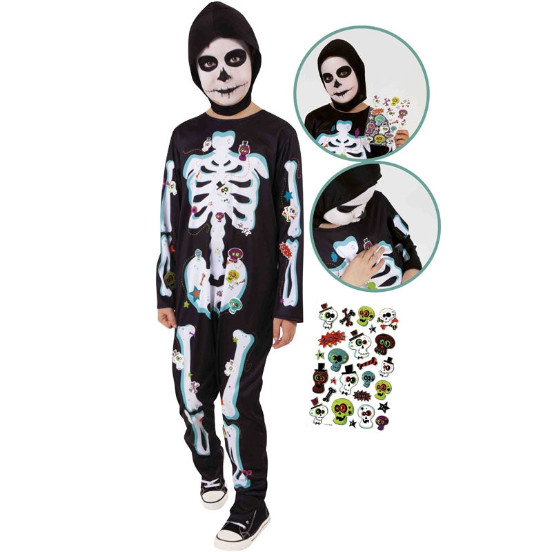 Jadeo Costume Scheletro Per Bambino – Tuta Nera Con Stampa Osso E Cappuccio – Taglia S 4-6 Anni (110-120 Cm) – Perfetto Per Halloween E Feste In Maschera