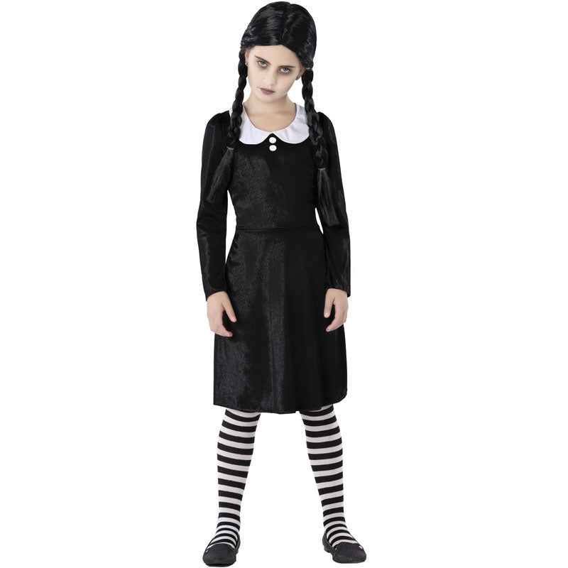 Costume Mercredi Addams Pour Fille Et Femme | Robe Noire De Danse Avec Ceinture | Taille 3-12 Ans Et Adultes S/M/L | Idéal Halloween, Cosplay, Carnaval