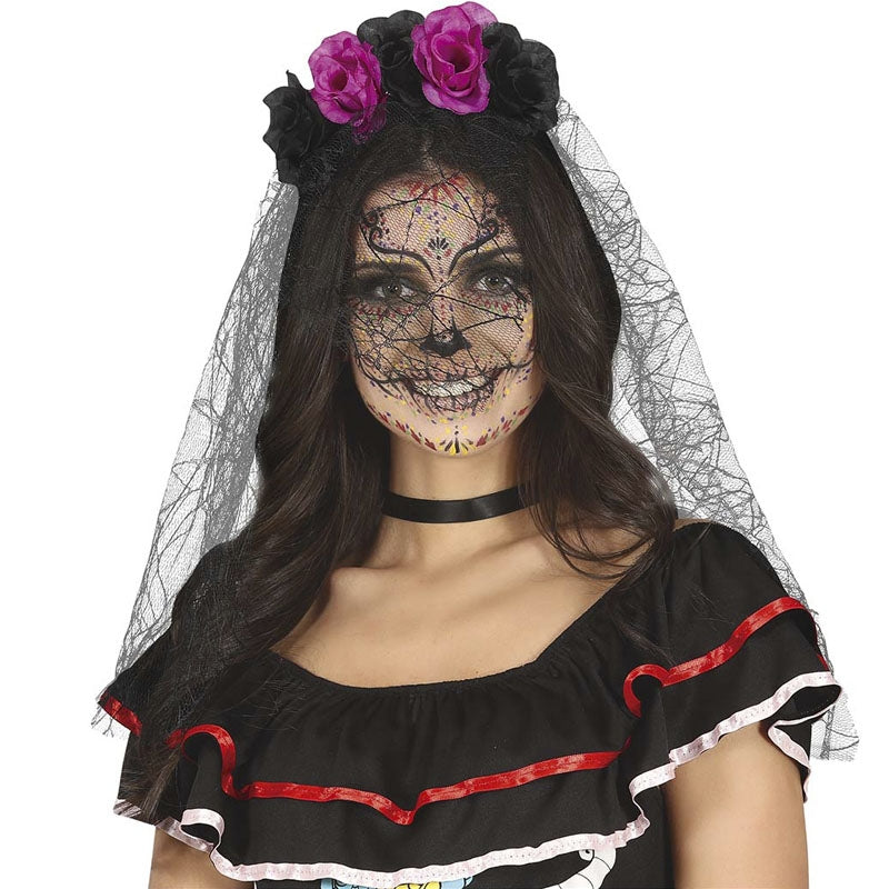Bandeau Halloween Jour Des Morts Avec Voile Et Roses - Taille Unique, Avec Maillage Et Tatouages Faciaux - 3