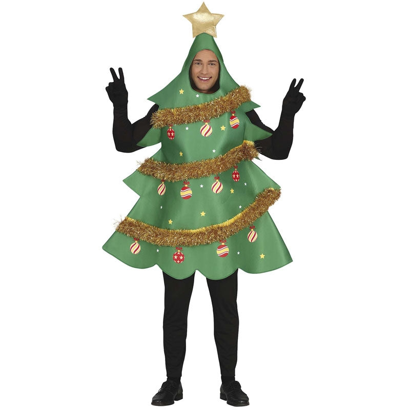 Costume D'arbre De Noël Pour Enfant – Robe Sans Manches Verte Avec Chapeau, étoiles Rouges, Boules Jaunes