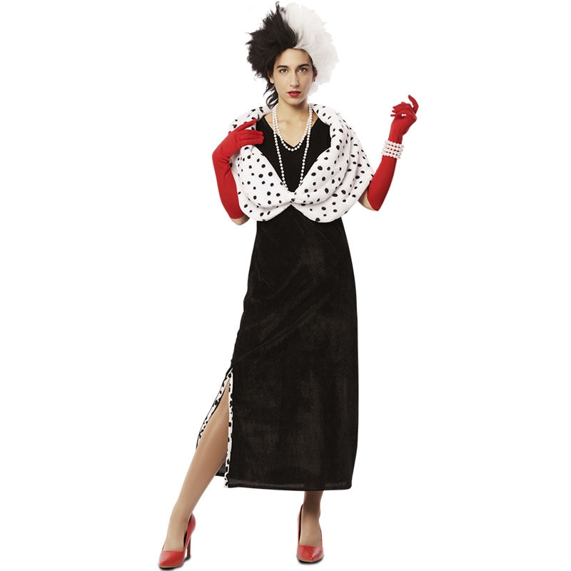 Déguisement Cruella Robe à Pois Dalmatien + Cape + Perruque – Enfant Fille – Noël, Carnaval, Anniversaire