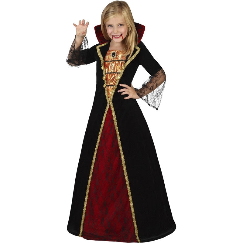 Costume De Vampire Fille Halloween - Robe Noire/rouge, Dentelle, Col Montant - Taille 130/140/150 - Polyester - 14
