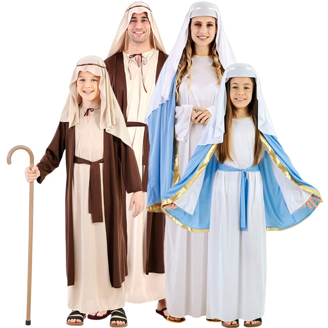 Costume Vierge Marie Femme - Robe Beige, Cape Bleue, Coiffe - Pour Procession église, Scène Nativité Noël - 9