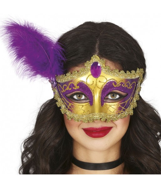Masque or et lilas avec plume pour compléter vos costumes