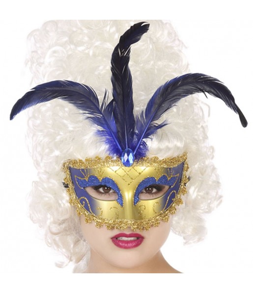 Masque vénitien avec plume bleue pour compléter vos costumes