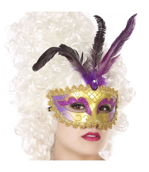 Masque vénitien avec plume violette pour compléter vos costumes