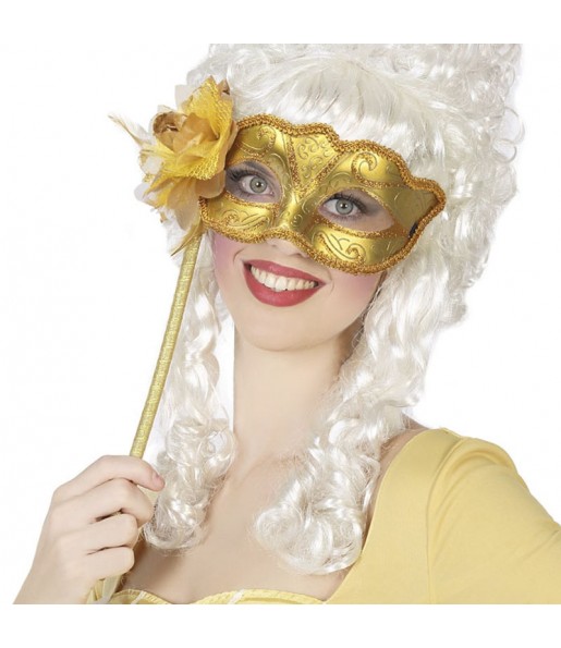 Masque vénitien doré avec support pour compléter vos costumes