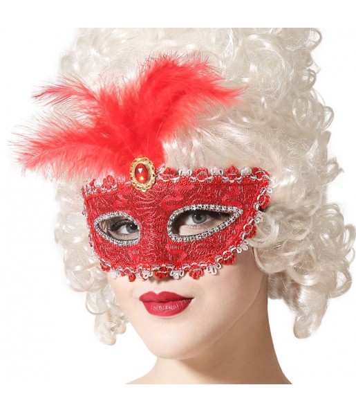 Masque vénitien rouge avec plume pour compléter vos costumes