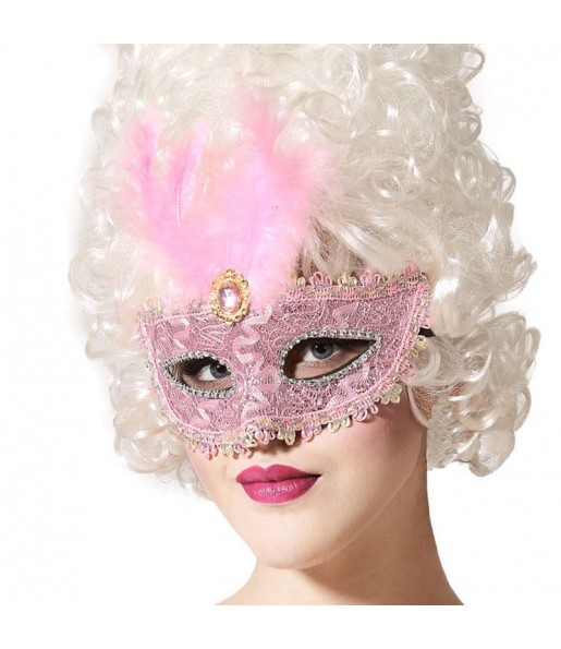 Masque vénitien rose avec plume pour compléter vos costumes