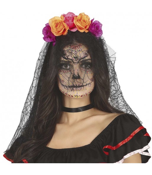 Bandeau de fleurs Catrina violet et orange avec voile