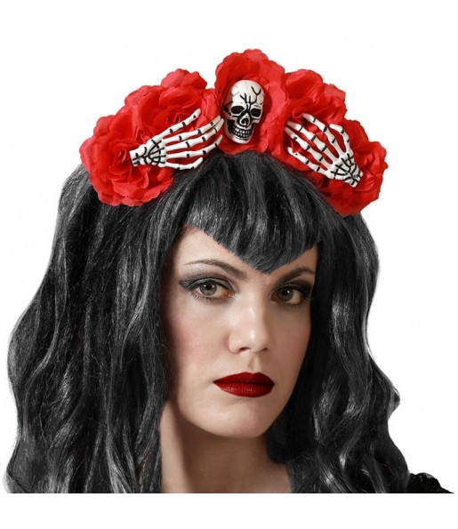 Bandeau squelette avec fleurs rouges pour compléter vos costumes térrifiants