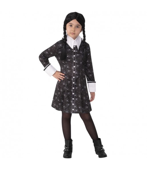 Costume Mercredi Addams avec têtes de mort fille