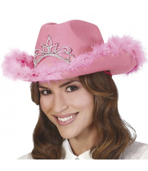 Chapeau de cow-boy rose avec boa