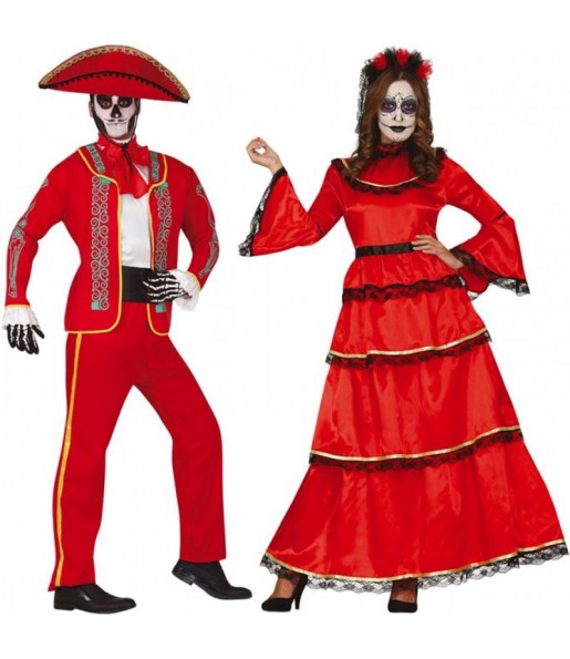 Costumes Squelettes mexicains rouges pour se déguiser à duo