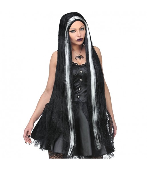 Perruque noire extra longue avec mèches blanches pour compléter vos costumes térrifiants