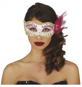 Masque blanc avec plume rose pour compléter vos costumes