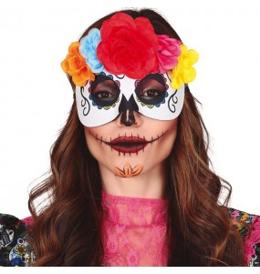 Masque Catrina avec couronne de fleurs pour compléter vos costumes térrifiants