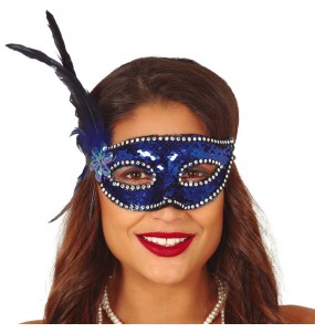 Masque-loup à paillettes bleues avec plume 