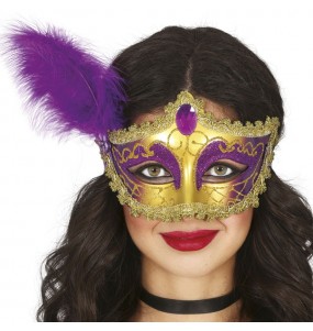 Masque or et lilas avec plume pour compléter vos costumes