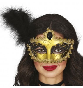 Masque or et noir avec plume pour compléter vos costumes