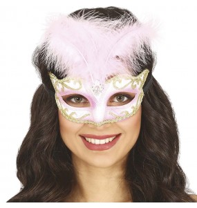 Masque rose avec plume pour compléter vos costumes