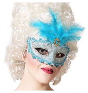 Masque vénitien bleu avec plume pour compléter vos costumes