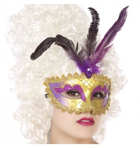 Masque vénitien avec plume violette pour compléter vos costumes