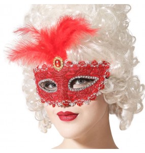 Masque vénitien rouge avec plume pour compléter vos costumes