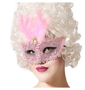Masque vénitien rose avec plume pour compléter vos costumes