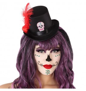 Mini chapeau Haut Catrina avec plume pour compléter vos costumes térrifiants