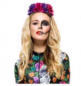 Bandeau de Catrina avec des fleurs roses et violettes pour compléter vos costumes térrifiants