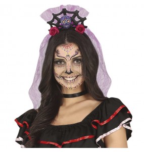 Bandeau Catrina avec voile violet pour compléter vos costumes térrifiants