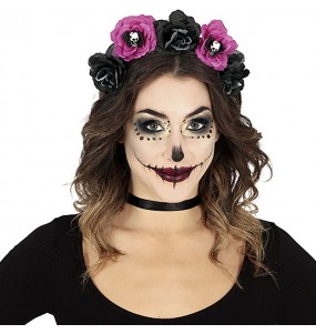 Bandeau Catrina fleurs noires et roses pour compléter vos costumes térrifiants