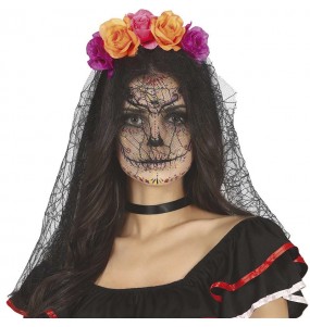 Bandeau de fleurs Catrina violet et orange avec voile