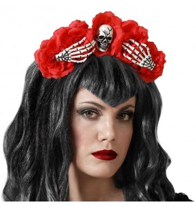 Bandeau squelette avec fleurs rouges pour compléter vos costumes térrifiants