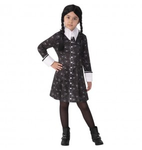 Costume Mercredi Addams avec têtes de mort fille