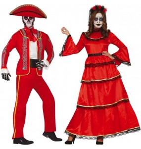 Costumes Squelettes mexicains rouges pour se déguiser à duo