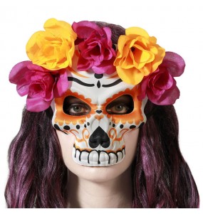 Masque Catrina avec fleurs orange et violettes pour compléter vos costumes térrifiants