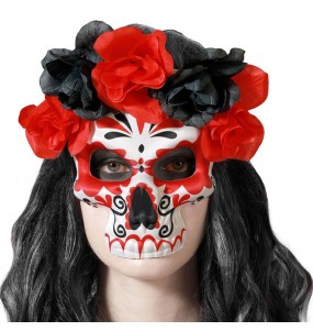 Masque de Squelette Catrina avec fleurs rouges et noires pour compléter vos costumes térrifiants
