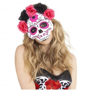 Masque Catrina avec fleurs roses et noires pour compléter vos costumes térrifiants