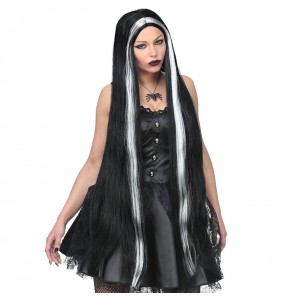 Perruque noire extra longue avec mèches blanches pour compléter vos costumes térrifiants