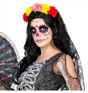 Voile de Catrina avec fleurs pour le Jour des Morts pour compléter vos costumes térrifiants